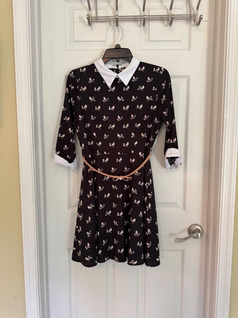 Yumi Bird Print 3/4 Sleeve Navy Blue Mini Length Collared Dress Size 10 - Picture 2 of 9
